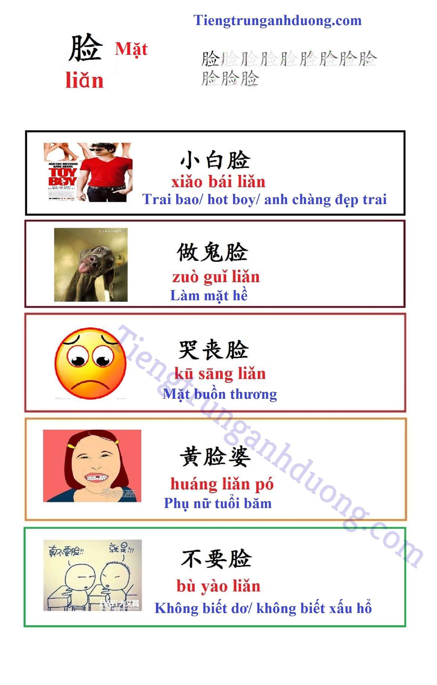 Từ vựng và câu giao tiếp tiếng Trung chứa từ mặt - lian